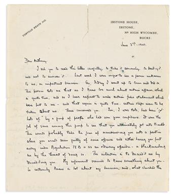 (WELLS, H.G.) REBECCA WEST. Archive of 12 letters Signed, "Rac" or "R," to her son Anthony West ("Dear Anthony" or "My dear Anthony" or